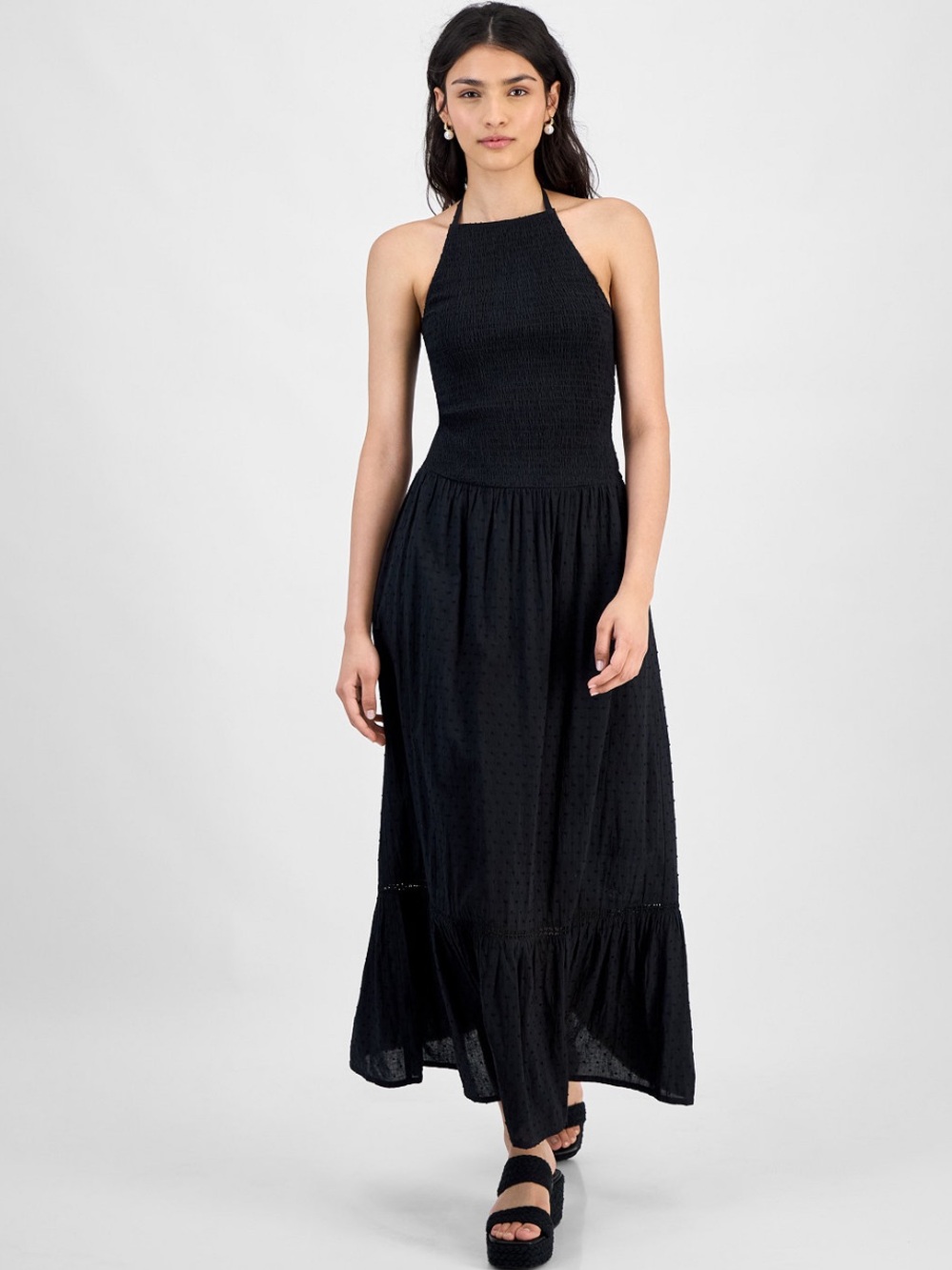 Swiss Dot Halter Maxi Dress Smocked Top Ruffle Tiered Skirt Cottagecore Romantic - Picture 8 of 8
